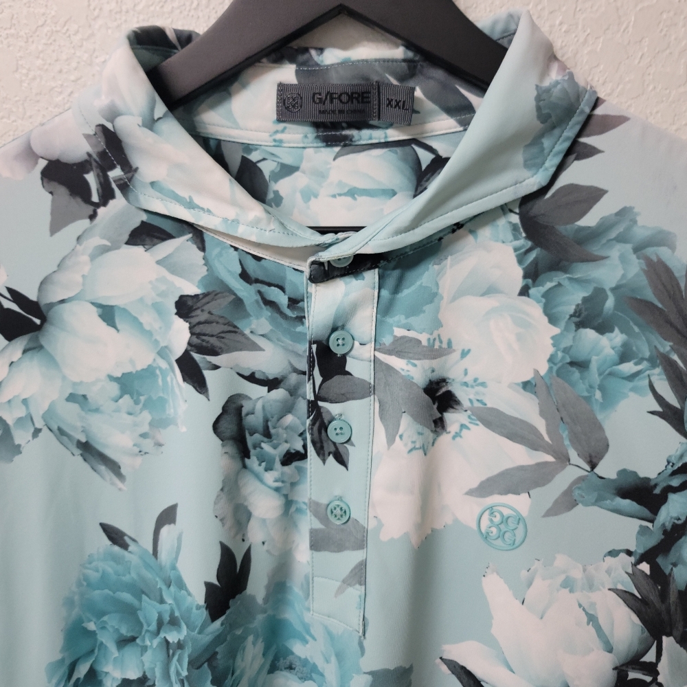 G/FORE Short Sleeve Teal Green Floral Performance Golf Polo Men's Size 2XL